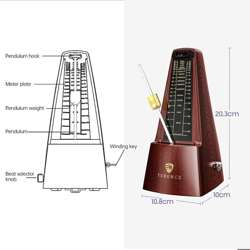 TERENCE Mechanical Metronomes for Piano Guitar Violin Bass Drum and Other Musical Instruments Loud Sound and High Precision Track Beat and Tempo for Beginners (Wood Grain) - Image 3